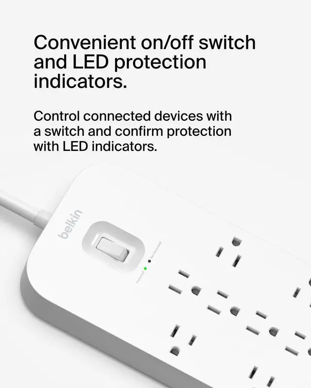 Alt view image 6 of 7 - 12-Outlet Surge Protector Power Strip w/ 12 AC Outlets, 2 USB-A Ports and 1 USB-C Port, 6ft Cable, UL-listed w/ Overload & Overvoltage Protection + On/Off Switch - 3,480 Joules of Protection