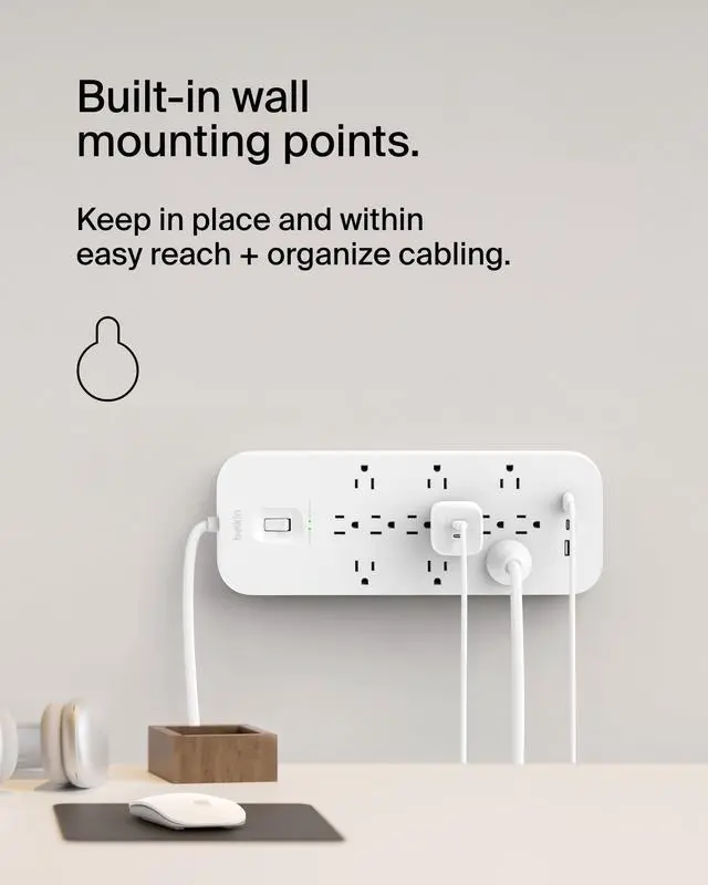Alt view image 7 of 7 - 12-Outlet Surge Protector Power Strip w/ 12 AC Outlets, 2 USB-A Ports and 1 USB-C Port, 6ft Cable, UL-listed w/ Overload & Overvoltage Protection + On/Off Switch - 3,480 Joules of Protection