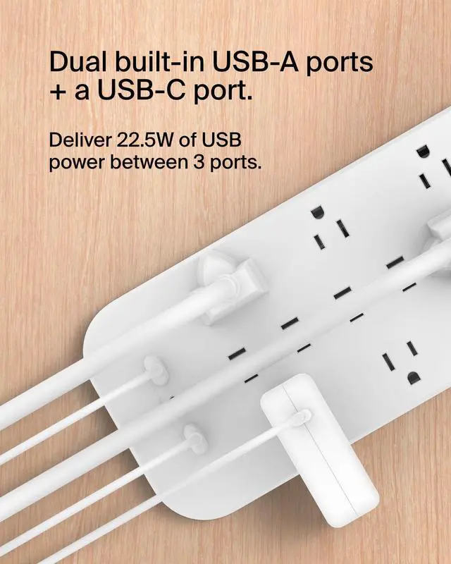 Alt view image 5 of 7 - 12-Outlet Surge Protector Power Strip w/ 12 AC Outlets, 2 USB-A Ports and 1 USB-C Port, 6ft Cable, UL-listed w/ Overload & Overvoltage Protection + On/Off Switch - 3,480 Joules of Protection