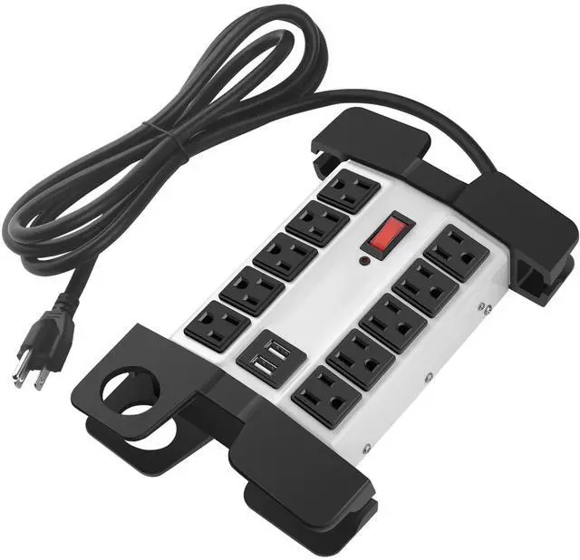 Main image of Heavy Duty Power Strip with USB Ports, Garage 10 Outlets Surge Protector 2700 Joules, Industrial Workshop Metal 15Amp Multiple Outlets, 5 FT Extension Cord and Wide Spaced Grey.