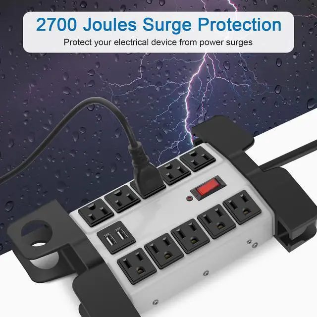 Alt view image 3 of 7 - Heavy Duty Power Strip with USB Ports, Garage 10 Outlets Surge Protector 2700 Joules, Industrial Workshop Metal 15Amp Multiple Outlets, 5 FT Extension Cord and Wide Spaced Grey.