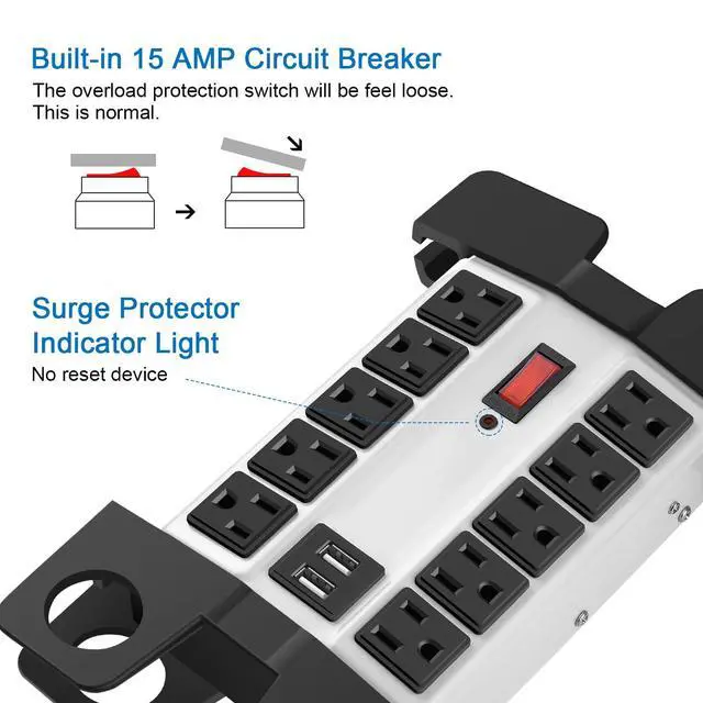 Alt view image 4 of 7 - Heavy Duty Power Strip with USB Ports, Garage 10 Outlets Surge Protector 2700 Joules, Industrial Workshop Metal 15Amp Multiple Outlets, 5 FT Extension Cord and Wide Spaced Grey.
