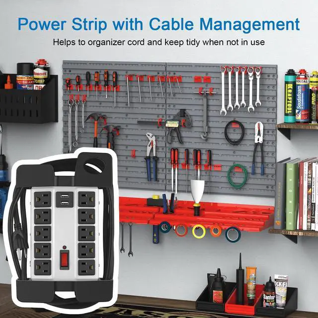 Alt view image 6 of 7 - Heavy Duty Power Strip with USB Ports, Garage 10 Outlets Surge Protector 2700 Joules, Industrial Workshop Metal 15Amp Multiple Outlets, 5 FT Extension Cord and Wide Spaced Grey.