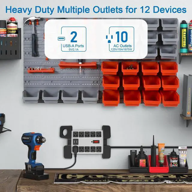 Alt view image 2 of 7 - Heavy Duty Power Strip with USB Ports, Garage 10 Outlets Surge Protector 2700 Joules, Industrial Workshop Metal 15Amp Multiple Outlets, 5 FT Extension Cord and Wide Spaced Grey.
