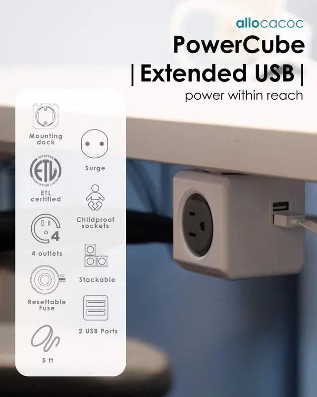 Alt view image 2 of 7 - PowerCube USB Power Strip Surge Protector, 4 Outlets 2 USBs 5ft Cord Mounting Dock & Removable Tape, Compact Travel Plug Cube for Cruise Home Office Dorm 15A 1875W ETL Certified Green