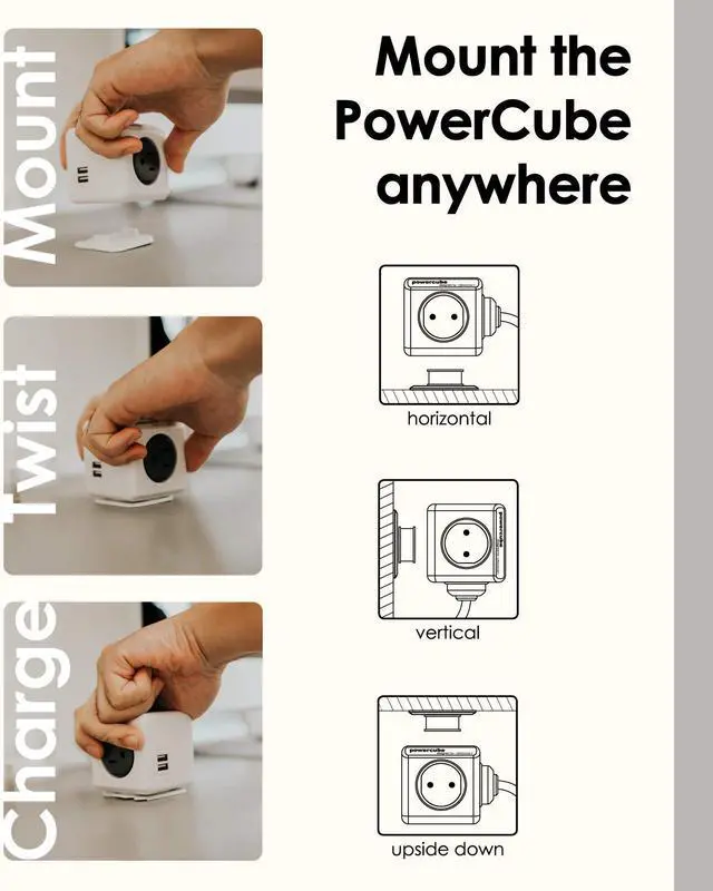 Alt view image 3 of 7 - PowerCube USB Power Strip Surge Protector, 4 Outlets 2 USBs 5ft Cord Mounting Dock & Removable Tape, Compact Travel Plug Cube for Cruise Home Office Dorm 15A 1875W ETL Certified Green