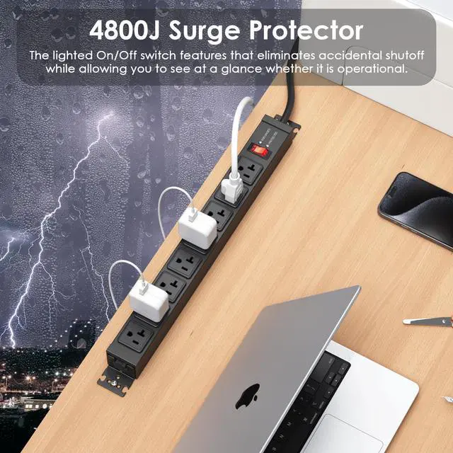 Alt view image 5 of 7 - 20 Amp Power Strip Surge Protector 4800J, Heavy Duty 8 Outlet Metal Multi Angle Mount, 20A Garage Power Strip Shop 6-20R T-Slot, 5-15P Plug 12 Gauge Extension Cord 6ft for Appliance