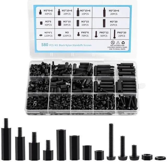 Main image of 580 PCS M3 Black Nylon Standoff Kit with Spacers, Screws, and Nuts - Motherboard & PCB Mounting Standoffs and Screws, Threaded Pillar Spacers for Circuit Boards and Computer Building