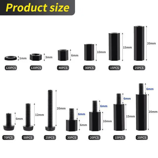 Alt view image 2 of 7 - 580 PCS M3 Black Nylon Standoff Kit with Spacers, Screws, and Nuts - Motherboard & PCB Mounting Standoffs and Screws, Threaded Pillar Spacers for Circuit Boards and Computer Building