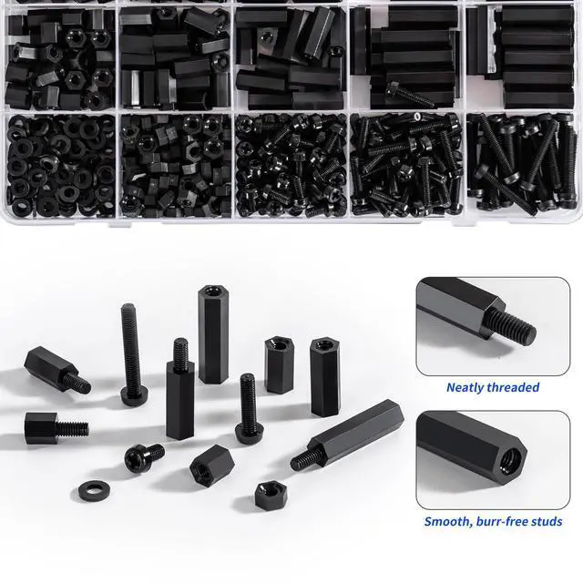 Alt view image 4 of 7 - 580 PCS M3 Black Nylon Standoff Kit with Spacers, Screws, and Nuts - Motherboard & PCB Mounting Standoffs and Screws, Threaded Pillar Spacers for Circuit Boards and Computer Building