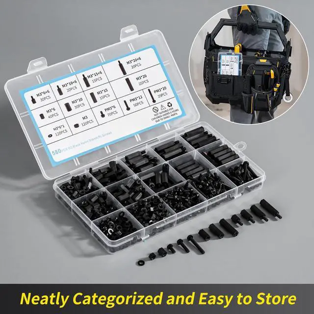 Alt view image 5 of 7 - 580 PCS M3 Black Nylon Standoff Kit with Spacers, Screws, and Nuts - Motherboard & PCB Mounting Standoffs and Screws, Threaded Pillar Spacers for Circuit Boards and Computer Building