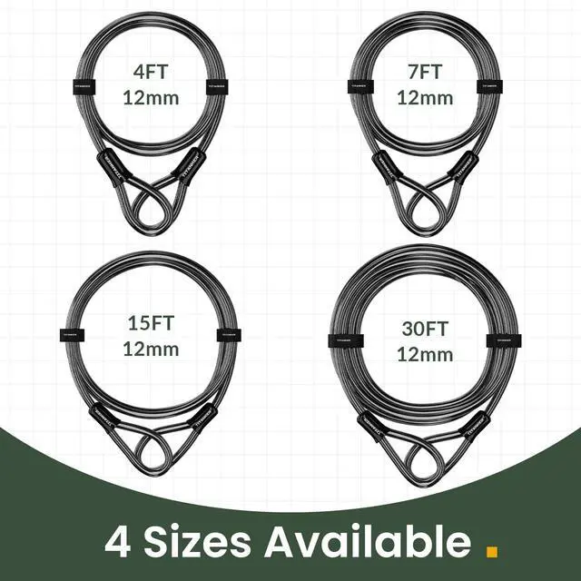 Alt view image 5 of 7 - Bike Lock Cable,12mm Thick Security Cable with Loops Heavy Duty Steel Cable Vinyl Coated Bike Cable Lock Security Chain (4ft, 7ft, 15ft, 30ft)