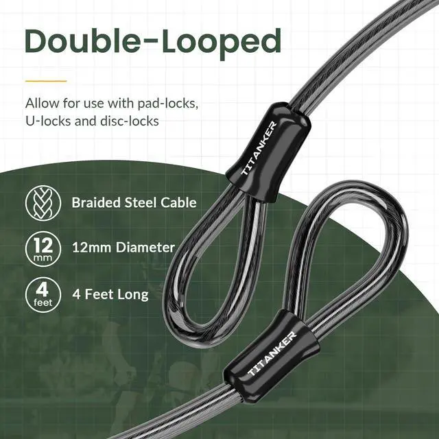 Alt view image 4 of 7 - Bike Lock Cable,12mm Thick Security Cable with Loops Heavy Duty Steel Cable Vinyl Coated Bike Cable Lock Security Chain (4ft, 7ft, 15ft, 30ft)