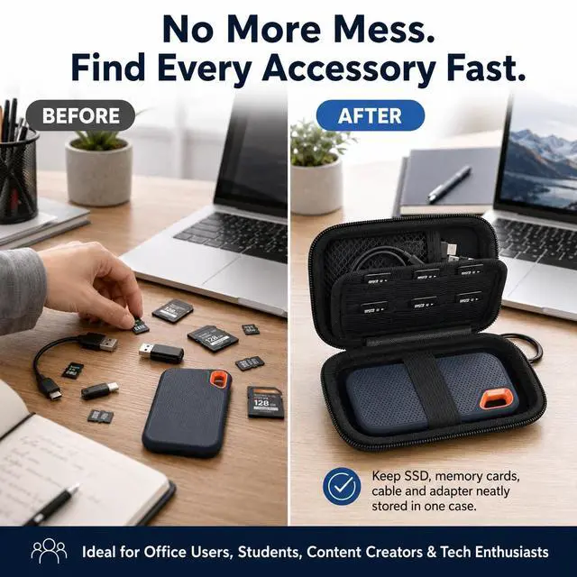 Alt view image 3 of 7 - Case for SanDisk Extreme Portable SSD & Extreme PRO, Hard Shell Protective Storage Bag with Carabiner, Fits 1TB 2TB 4TB 8TB External Solid State Drive (Black with SD Card Pocket, for Sandisk V2)