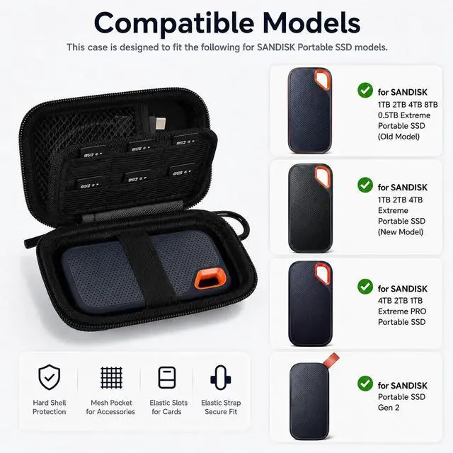 Alt view image 2 of 7 - Case for SanDisk Extreme Portable SSD & Extreme PRO, Hard Shell Protective Storage Bag with Carabiner, Fits 1TB 2TB 4TB 8TB External Solid State Drive (Black with SD Card Pocket, for Sandisk V2)
