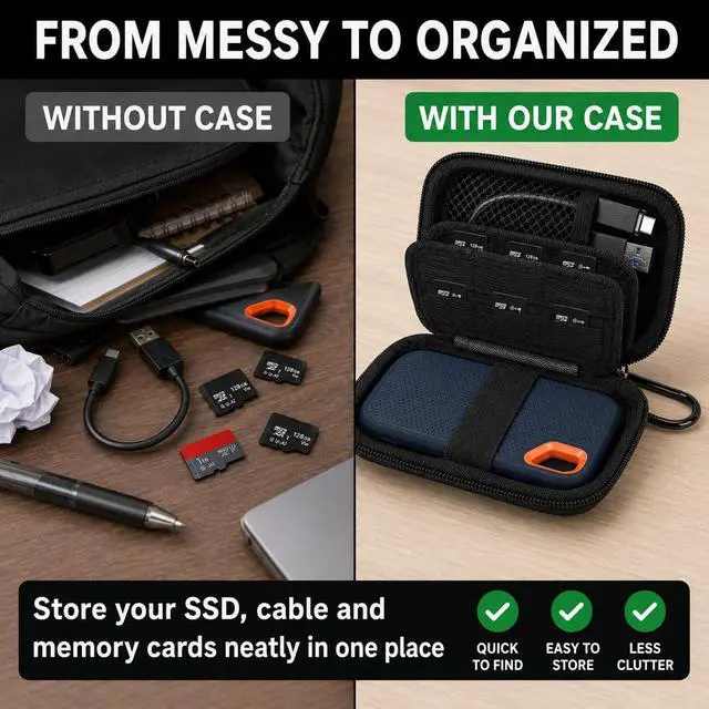 Alt view image 5 of 7 - Case for SanDisk Extreme Portable SSD & Extreme PRO, Hard Shell Protective Storage Bag with Carabiner, Fits 1TB 2TB 4TB 8TB External Solid State Drive (Black with SD Card Pocket, for Sandisk V2)