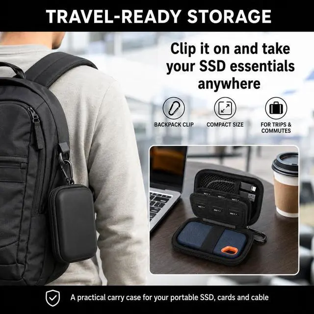 Alt view image 7 of 7 - Case for SanDisk Extreme Portable SSD & Extreme PRO, Hard Shell Protective Storage Bag with Carabiner, Fits 1TB 2TB 4TB 8TB External Solid State Drive (Black with SD Card Pocket, for Sandisk V2)