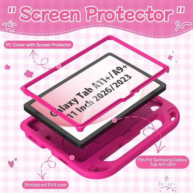 Alt view image 3 of 7 - Kids Case for Samsung Galaxy Tab A11+ Plus 11 2026/Tab A9+ Plus 11 inch Tablet, with Screen Protector, Shockproof Lightweight Stand Handle Galaxy Tab A11 Plus/A9 Plus Case for Kids, Rose