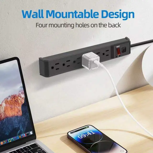 Alt view image 7 of 7 - 6 Outlet Power Strip Surge Protector, 2 FT Extension Cord with Overload Protection, Wall Mountable for Home and Office, 600J, 15A/1875W, ETL Listed