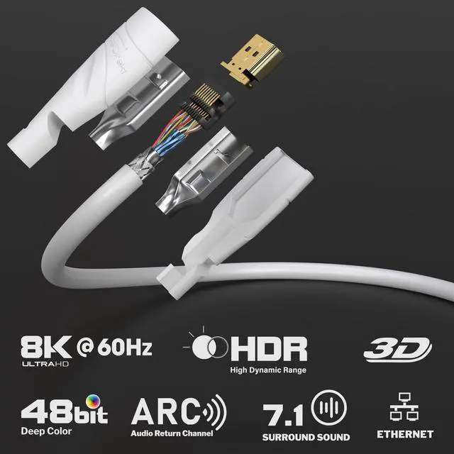 Alt view image 2 of 7 - 8K / 4K HDMI Cable 16ft & More HDMI Cables (0.5ft75ft) German-Engineered HDMI Cord Supports 10K/8K@60Hz/4K@120Hz HDMI Cable for HDTV, PC, PS5, Xbox, Switch, White