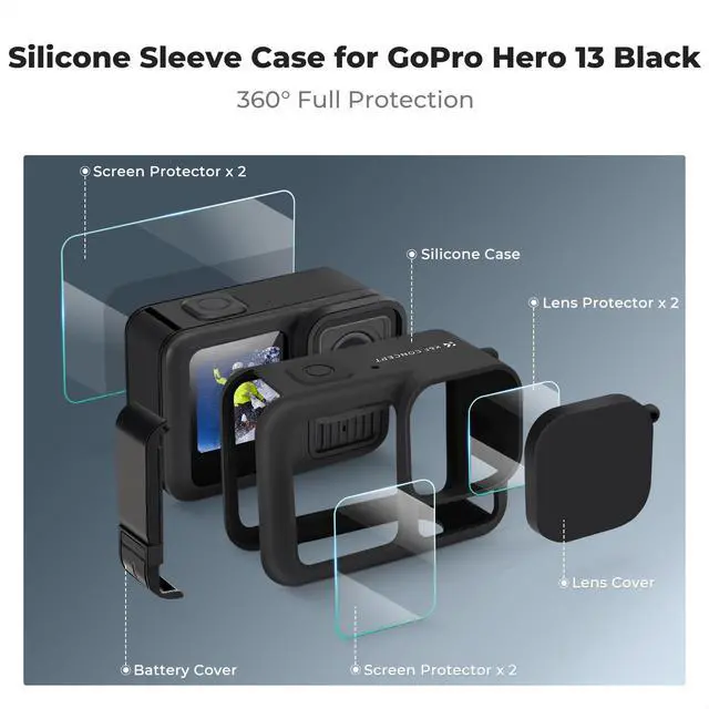 Alt view image 2 of 7 - Silicone Sleeve Protective Cover Compatible with GoPro Hero 13 Black, Battery Side Lid + Screen & Lens Protectors & Lens Caps & Lanyard Action Camera Accessories Kit
