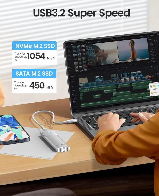 Alt view image 2 of 7 - M.2 NVMe SATA SSD Enclosure Adapter Tool-Free, USB C 3.2 Gen 2 10Gbps NVMe, 5Gbps NGFF SATA PCIe M-Key(B+M Key) 2230/2242/2260/2280, Aluminum External M2 Reader Support UASP Trim-WH(G2A)