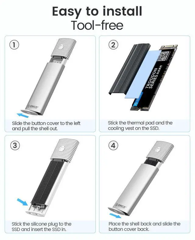Alt view image 6 of 7 - M.2 NVMe SATA SSD Enclosure Adapter Tool-Free, USB C 3.2 Gen 2 10Gbps NVMe, 5Gbps NGFF SATA PCIe M-Key(B+M Key) 2230/2242/2260/2280, Aluminum External M2 Reader Support UASP Trim-WH(G2A)