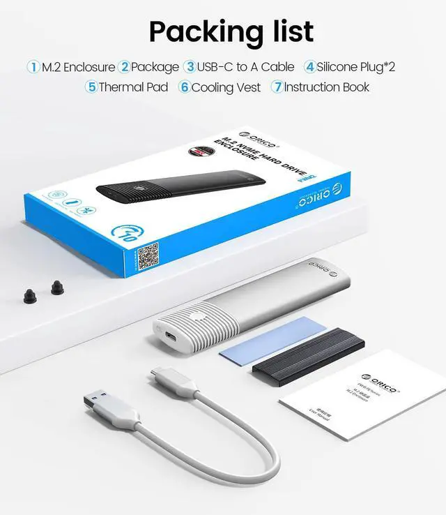 Alt view image 7 of 7 - M.2 NVMe SATA SSD Enclosure Adapter Tool-Free, USB C 3.2 Gen 2 10Gbps NVMe, 5Gbps NGFF SATA PCIe M-Key(B+M Key) 2230/2242/2260/2280, Aluminum External M2 Reader Support UASP Trim-WH(G2A)