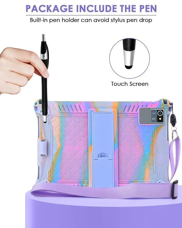 Alt view image 6 of 7 - Okaysea 10.1 inch Silicone Tablet Case with Stylus Pen & Shoulder Strap, Moderness 10.1" Case, Soft Portable Protective Cover for QunyiCO 10.1, Azeyou Tab 6 10 inch, Rose Red & Purple