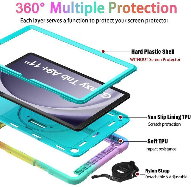 Alt view image 3 of 7 - for Samsung Galaxy Tab A9+/A9 Plus Case 11" 2023 (SM-X210/X216/X218), Shockproof Samsung Galaxy Tab A9 Plus Case with Rotating Stand and Hand/Shoulder Strap, Turquoise