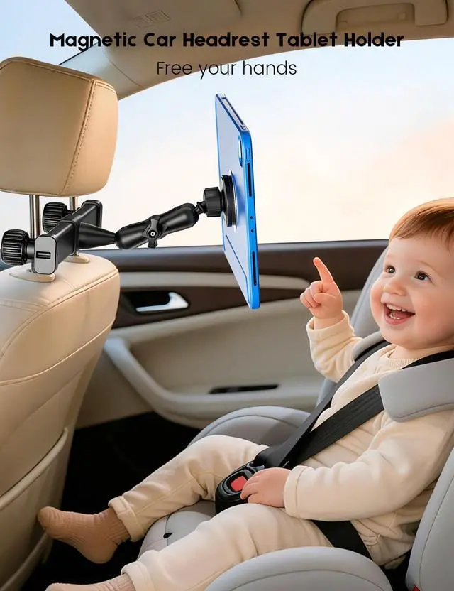 Alt view image 3 of 7 - Tablet Holder for Car Headrest,360°Adjustable Magnetic Tablet Mount for Car Backseat,Gifts Road Trip Essentials for Kids,Fits for 4.7-17" Device Like iPad Pro, Air, Mini, Galaxy, Fire