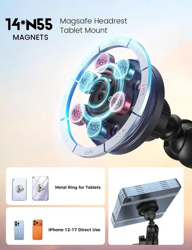 Alt view image 5 of 7 - Tablet Holder for Car Headrest,360°Adjustable Magnetic Tablet Mount for Car Backseat,Gifts Road Trip Essentials for Kids,Fits for 4.7-17" Device Like iPad Pro, Air, Mini, Galaxy, Fire