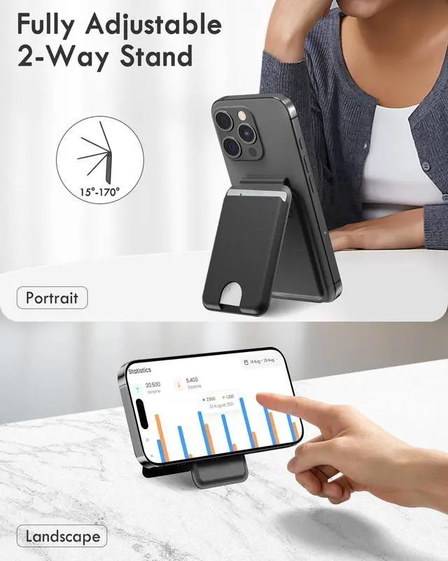 Alt view image 4 of 7 - for Magsafe Wallet with Full Find My Functionality, Strong Magnetic Wallet for iPhone 16/15/14/13/12 Series, Thinnest Card Holder with Adjustable Stand, 6 Cards Holder, PU Leather Black