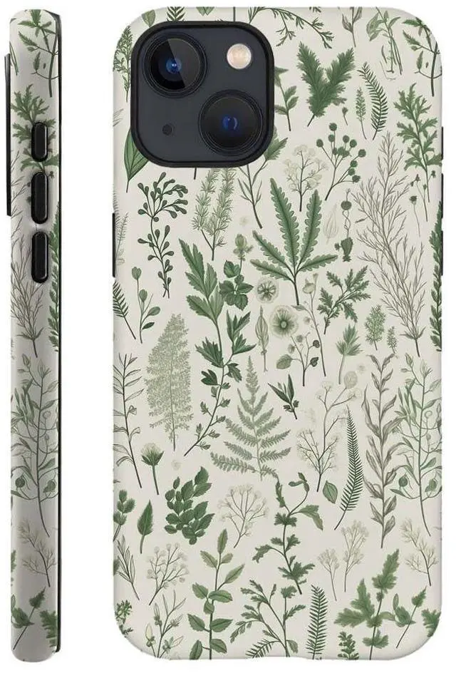 Main image of Case Compatible with iPhone 13,Hybrid 2-Layer Hard Shell,Shockproof Soft for Girl Women,Vintage Sage Green Floral Pattern