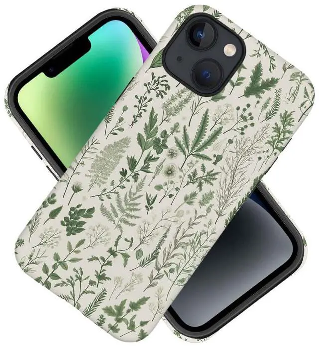 Alt view image 2 of 7 - Case Compatible with iPhone 13,Hybrid 2-Layer Hard Shell,Shockproof Soft for Girl Women,Vintage Sage Green Floral Pattern