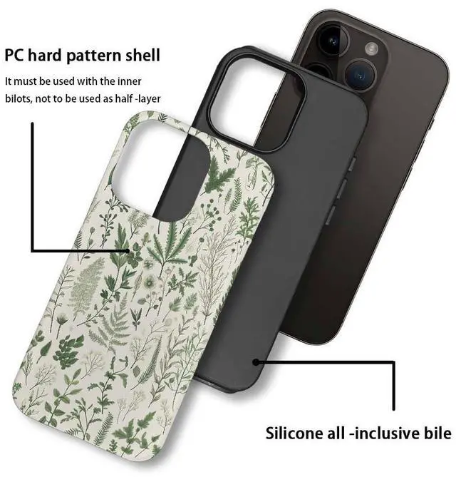 Alt view image 3 of 7 - Case Compatible with iPhone 13,Hybrid 2-Layer Hard Shell,Shockproof Soft for Girl Women,Vintage Sage Green Floral Pattern