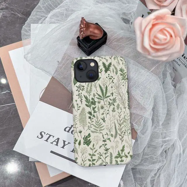 Alt view image 4 of 7 - Case Compatible with iPhone 13,Hybrid 2-Layer Hard Shell,Shockproof Soft for Girl Women,Vintage Sage Green Floral Pattern