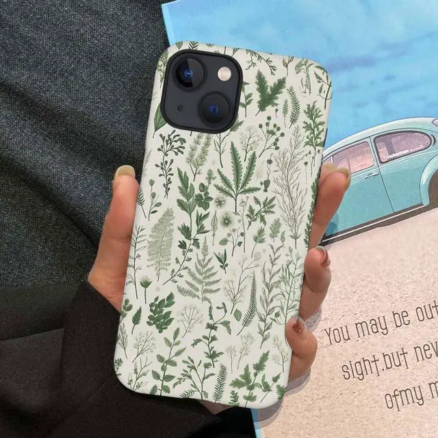 Alt view image 5 of 7 - Case Compatible with iPhone 13,Hybrid 2-Layer Hard Shell,Shockproof Soft for Girl Women,Vintage Sage Green Floral Pattern