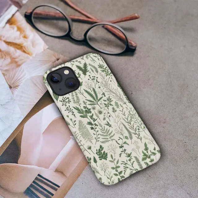 Alt view image 6 of 7 - Case Compatible with iPhone 13,Hybrid 2-Layer Hard Shell,Shockproof Soft for Girl Women,Vintage Sage Green Floral Pattern