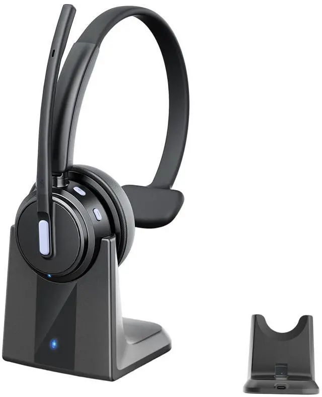Main image of Bluetooth Headset with Noise Cancelling Microphone, Wireless Headset with Charging Base and USB Dongle, One-Key Mute for Home Office, Call Center and Trucker (Blue)