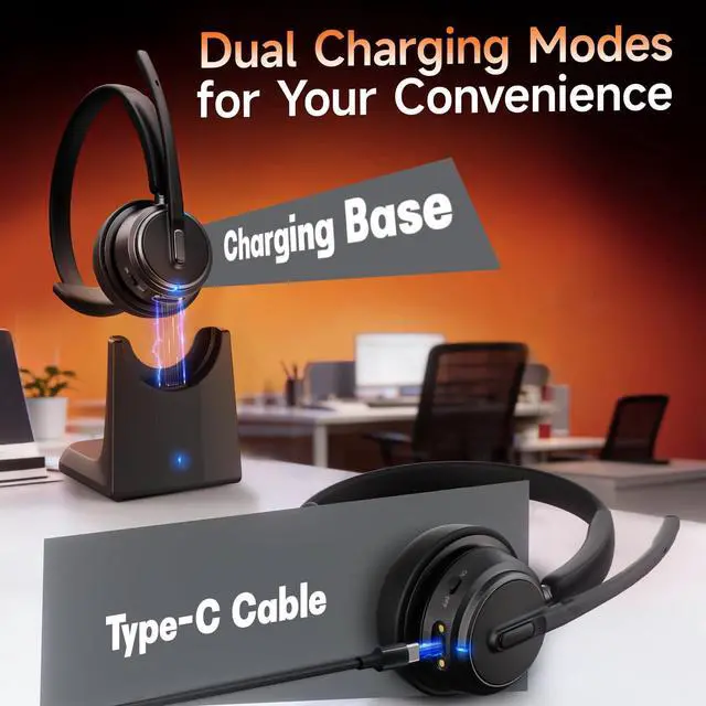 Alt view image 3 of 6 - Bluetooth Headset with Noise Cancelling Microphone, Wireless Headset with Charging Base and USB Dongle, One-Key Mute for Home Office, Call Center and Trucker (Blue)
