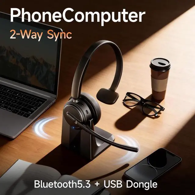 Alt view image 2 of 6 - Bluetooth Headset with Noise Cancelling Microphone, Wireless Headset with Charging Base and USB Dongle, One-Key Mute for Home Office, Call Center and Trucker (Blue)