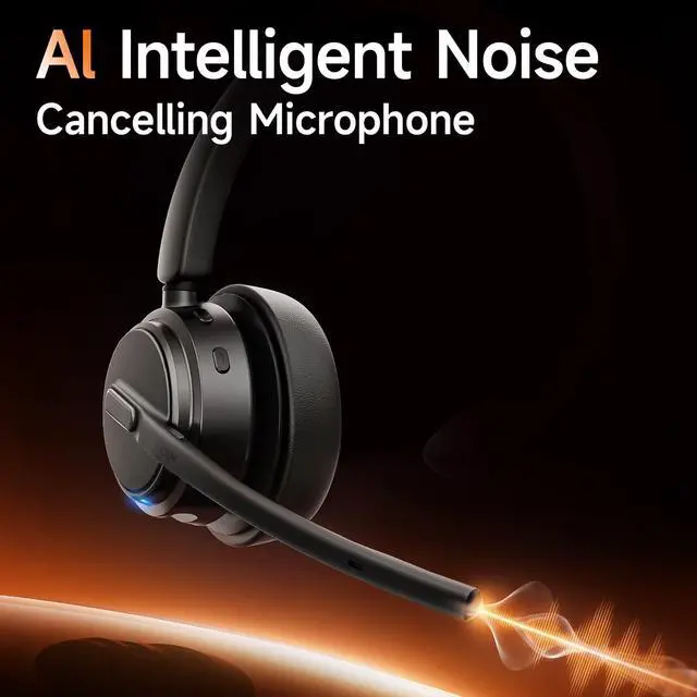 Alt view image 5 of 6 - Bluetooth Headset with Noise Cancelling Microphone, Wireless Headset with Charging Base and USB Dongle, One-Key Mute for Home Office, Call Center and Trucker (Blue)