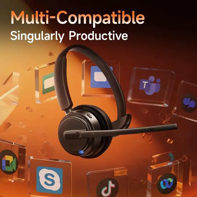 Alt view image 6 of 6 - Bluetooth Headset with Noise Cancelling Microphone, Wireless Headset with Charging Base and USB Dongle, One-Key Mute for Home Office, Call Center and Trucker (Blue)