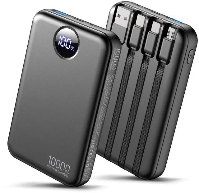 Main image of Zmmyuluo Portable Charger with 4 Built-in Cables Power Bank 40% Smaller 10000mAh Fast Charging Battery Pack,LED Display Compact with Multiple USB Ports Travel Charger for iPhone Other Devices-Black