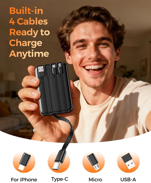 Alt view image 5 of 7 - Zmmyuluo Portable Charger with 4 Built-in Cables Power Bank 40% Smaller 10000mAh Fast Charging Battery Pack,LED Display Compact with Multiple USB Ports Travel Charger for iPhone Other Devices-Black