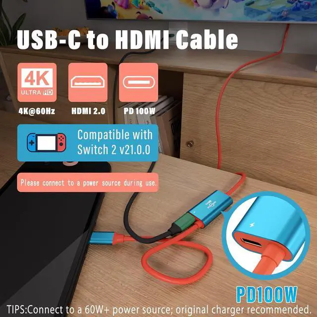 Alt view image 2 of 7 - Switch 2 Dock Portable USB-C to HDMI Cable TV Docking Station Compatible with Nintendo Switch 2,OLED/Steam Deck/ROG Ally X /4K@60Hz / HDMI 2.0 / USB 3.0 5Gbps / PD 3.0 100W TV Travel Dock