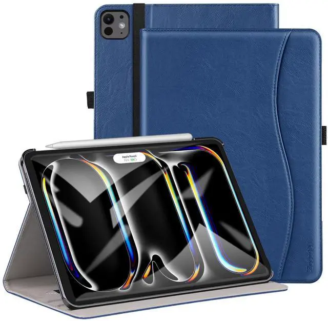 Main image of for iPad Pro 11 Inch Case (M5) 2025/ (M4) 2024 - PU Leather Smart Cover, with Auto Wake/Sleep, Multiple View Angles, Hand Strap & Pocket - Navy Blue