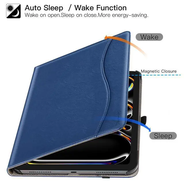 Alt view image 4 of 7 - for iPad Pro 11 Inch Case (M5) 2025/ (M4) 2024 - PU Leather Smart Cover, with Auto Wake/Sleep, Multiple View Angles, Hand Strap & Pocket - Navy Blue