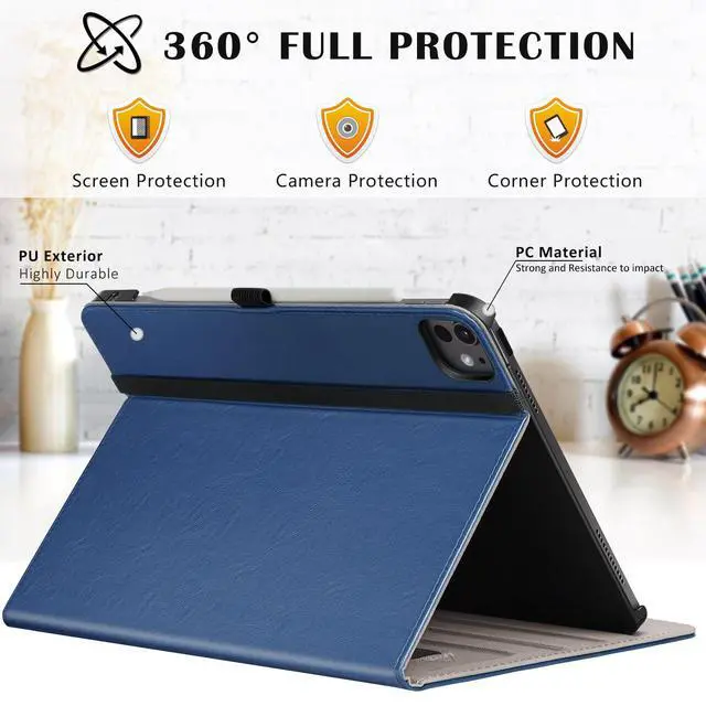 Alt view image 7 of 7 - for iPad Pro 11 Inch Case (M5) 2025/ (M4) 2024 - PU Leather Smart Cover, with Auto Wake/Sleep, Multiple View Angles, Hand Strap & Pocket - Navy Blue